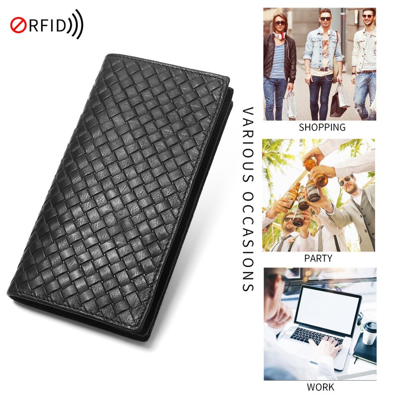 مافيك محفظة رجالية طويلة من الجلد المنسوج الفاخر - حقيبة يد للأعمال (Clutch) مع حجب RFID ومكان للهاتف - سعة كبيرة 14 بطاقة وجيب سحاب - صندوق هدايا - Image 2